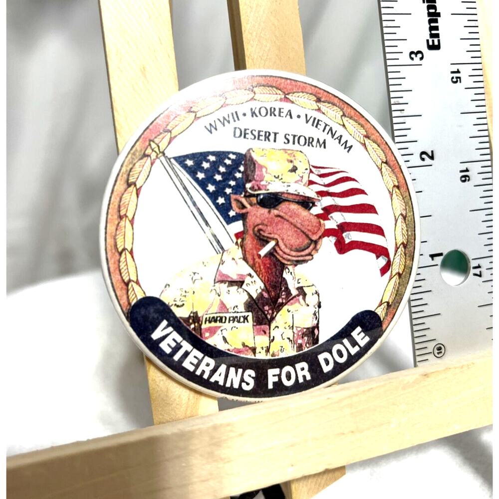 Vintage 1992 Joe Camel Desert Storm Pinback Button Veterans for Dole Political